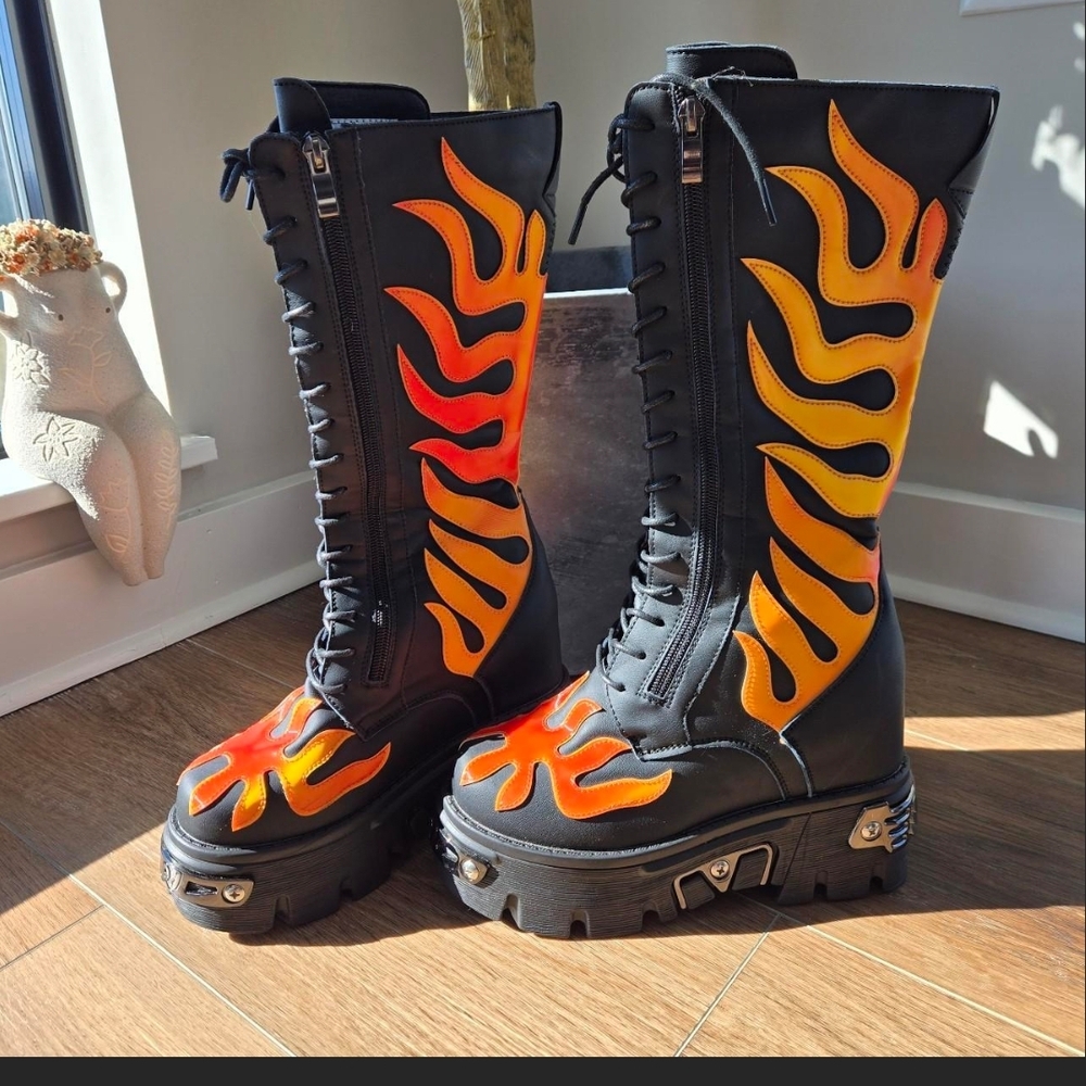 Anthony Wang X WTF GG3 Flaming Fury Black Platform Boots Size 6.5
